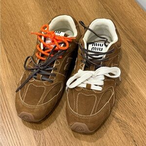 Miu Miu Brown Sneakers with Orange and Black Laces